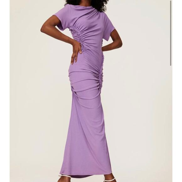 Atlein Ruched Rib Sheath Dress XS Womens Purple Bodycon Designer Maxi Cotton - Picture 13 of 13
